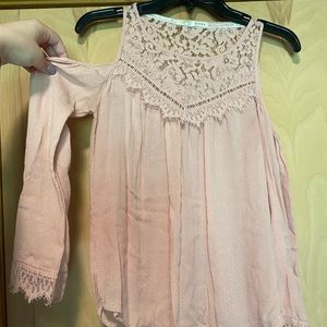 Juniors small shoulder cutout long sleeve lacy top